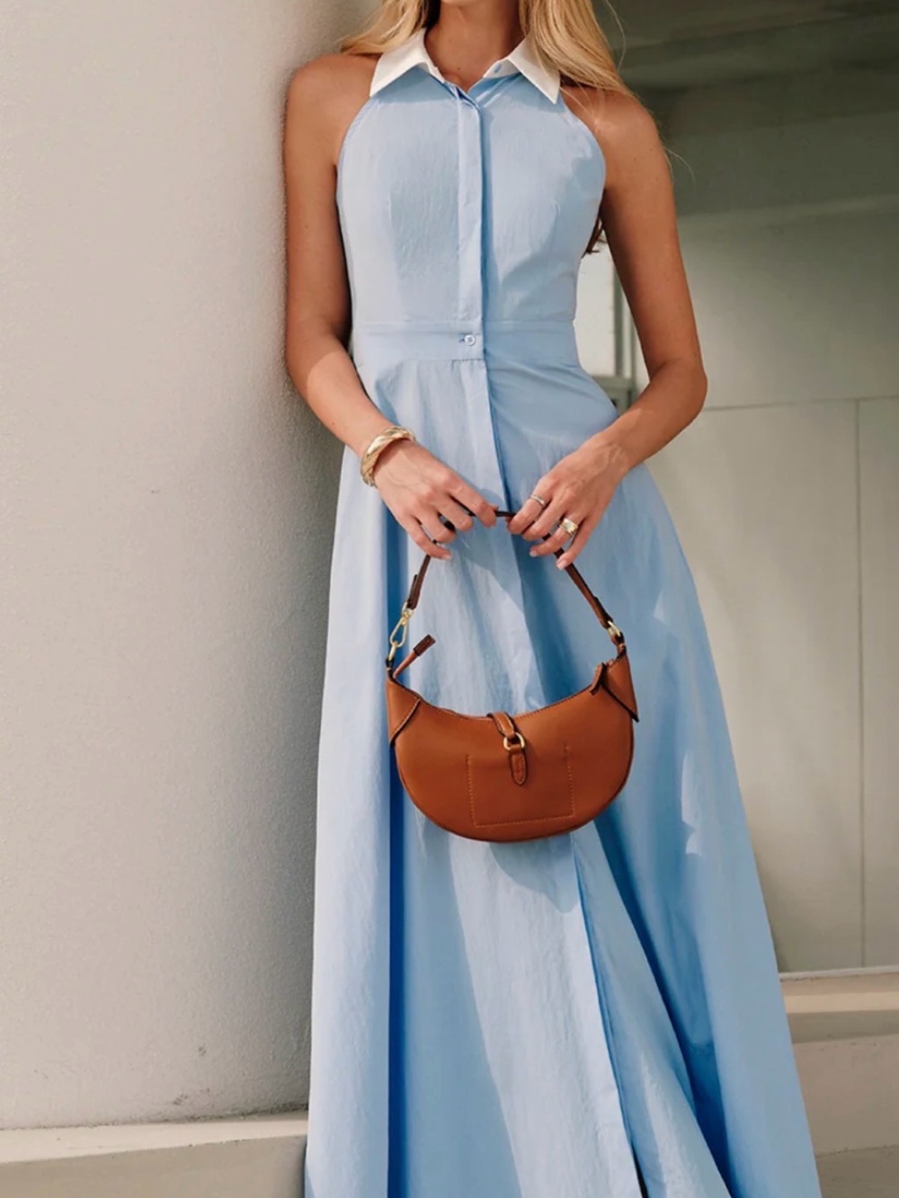 Commense Light Blue Maxi Dress with White Contrast Collar